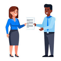 Document Exchange: An illustration captures a moment of business collaboration, with a professional handing over a document. the image radiates a sense of collaboration and professional interaction.