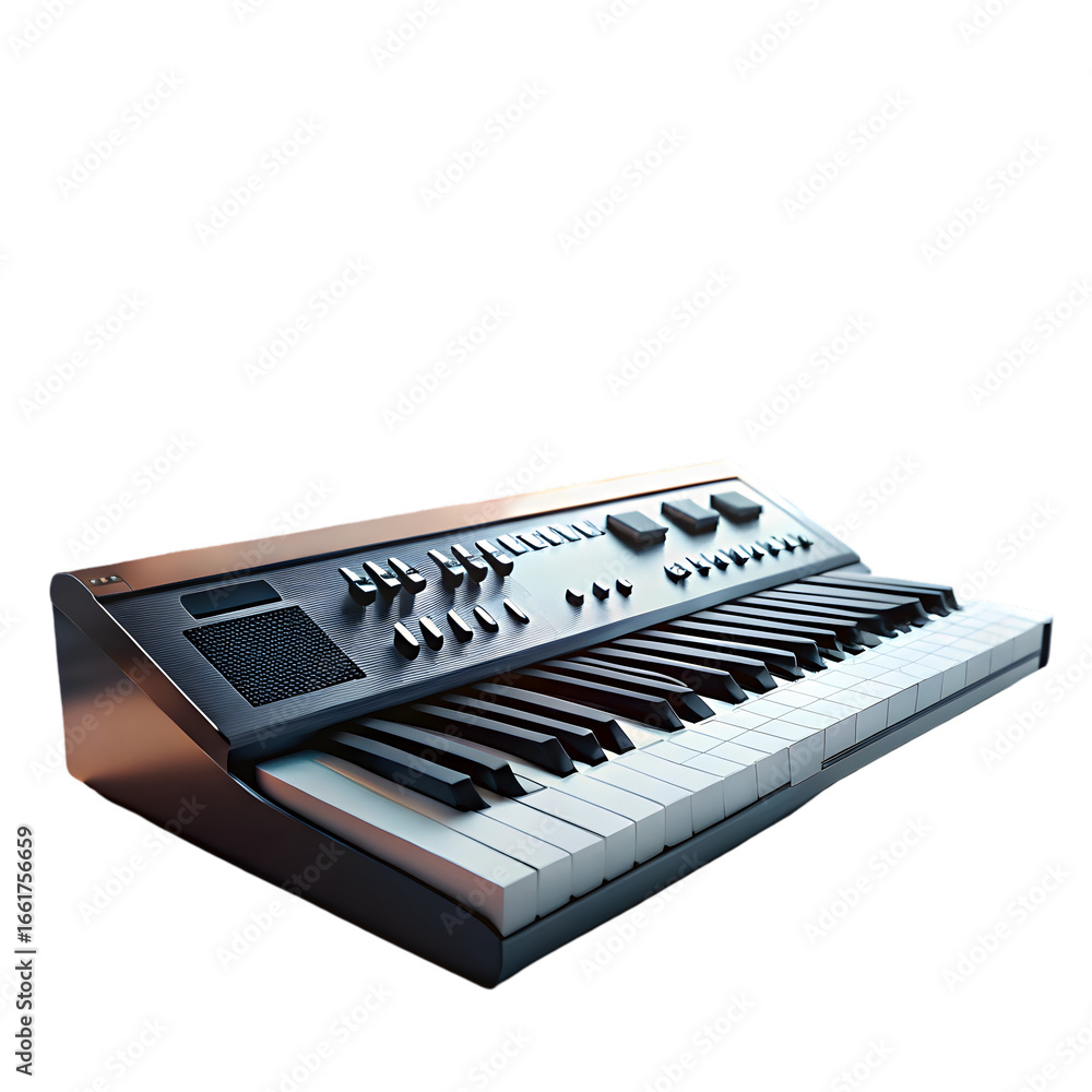Poster musical concept synthesizer with music notes 3d rendering isolated on transparent background