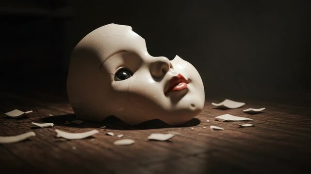 Broken doll face on wooden floor in moody lighting