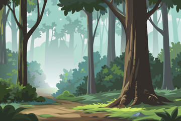 A serene forest landscape with a dirt path and tall trees in sunlight