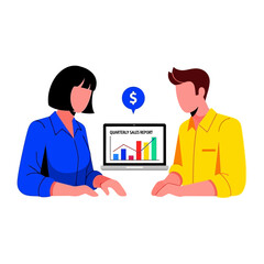 Business Collaboration: Two colleagues engage in a focused discussion over a sales report displayed on a laptop.