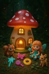 Fototapeta premium Cozy dollhouse cottage with warm glowing windows and mushroom garden details