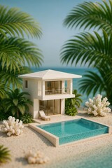 Fototapeta premium Tropical minimalist beach house with palm trees and modern design