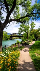 River Walk Scenic Bridge Flowers Park Path