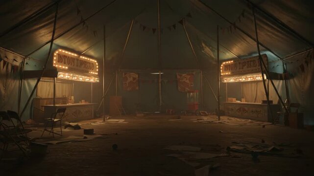 Empty vintage carnival tent with dim lights and eerie atmosphere