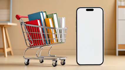 Shopping cart with books and smartphone with copy space for back to school and education supplies, mockup, black friday,