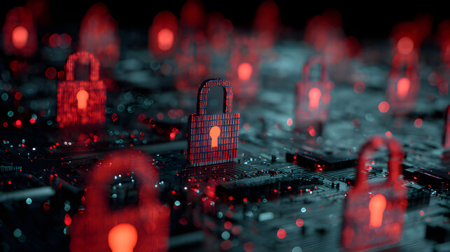 Cybersecurity lockdown with strong password. security red malicious data leaks, Red network jeopardy board  security incident. Cyberspace darkweb red security lock danger alert compliance technology 