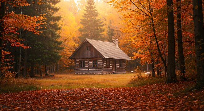 Wooden cabin in the forest during autumn season with colorful foliage - Powered by Adobe