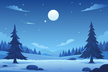Fototapeta premium A serene winter landscape with pine trees under a full moon night sky