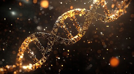 Golden DNA helix in a glittering background