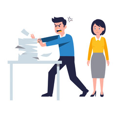 Angry Man at Desk: An illustration of a frustrated man angrily throwing papers on a desk, with a concerned woman standing nearby.