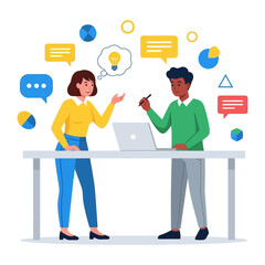 Collaborative Idea: Two colleagues, illuminated by brainstorming insights around a laptop, engage in vibrant conversations.