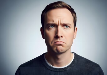 Fototapeta premium Sad Disappointed Man Looking Upset with Blue Background