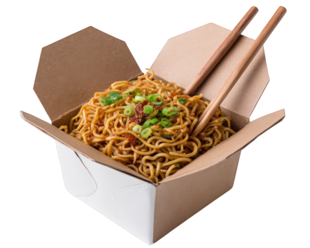 Noodle takeaway box chopstick Asian food street fast lunch dinner delicious noodles in cardboard takeaway box with chopsticks garnished with green onion perfect for quick meal