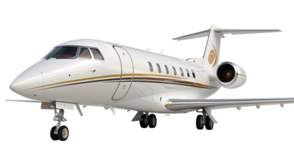 A modern luxury private jet with white body and sleek golden details, isolated on a white background.