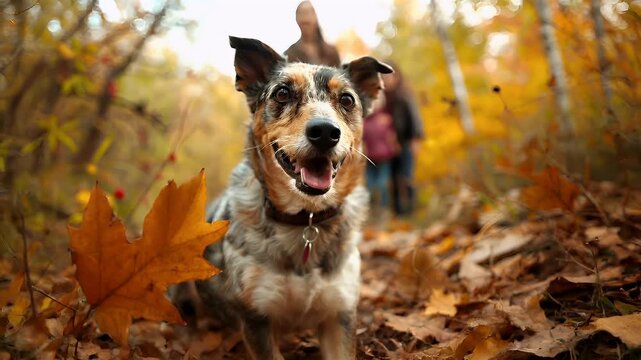 Airedale Terrier dog in autumn forest setting.