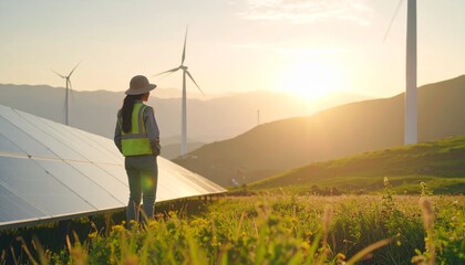 Female engineer looking at a wind and solar farm during a beautiful sunset, representing a sustainable future.