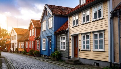 Colorful Wooden Houses on Cobblestone Street at Sunset