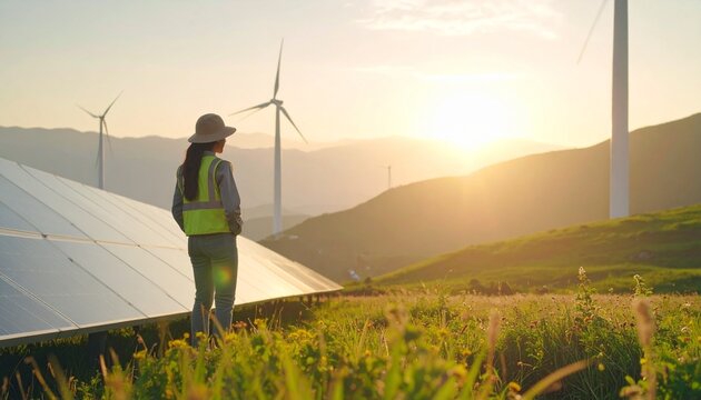 Female engineer looking at a wind and solar farm during a beautiful sunset, representing a sustainable future. - Powered by Adobe