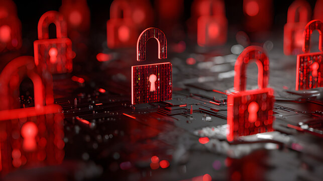 Cybersecurity lockdown with strong password. security red malicious data leaks, Red network jeopardy board  security incident. Cyberspace darkweb red security lock danger alert compliance technology 