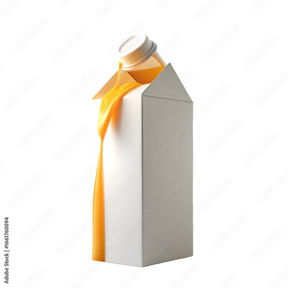 Poster pouring juice from carton packaging container 3d rendering isolated on transparent background