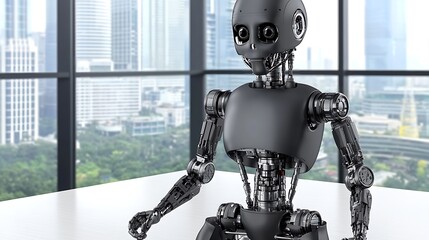 High-resolution medium format image with 80mm lens, crisp details of humanoid robotâ€™s structure, balanced soft daylight across bright interior