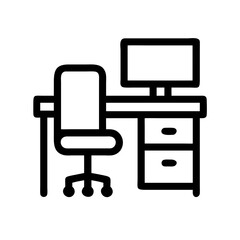 Fototapeta premium Office desk setup with computer and chair vector icon for workspace and home office design assets use