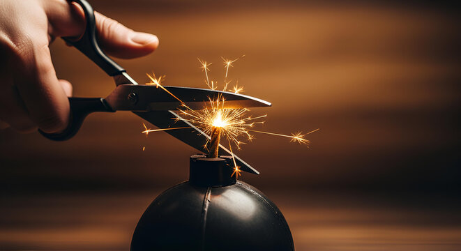 Scissors cutting a lit bomb fuse, a concept for risk, deadline, and crisis management. Defusing a bomb with scissors, stopping danger. Cutting a bomb fuse, a concept of last minute action.