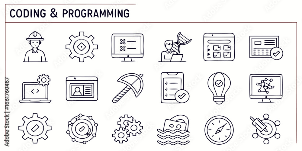 Fototapete collection of 40 minimalist line icons representing coding and technology concepts