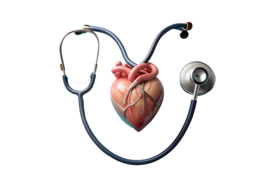 Stethoscope with human heart medical concept 3d rendering isolated on transparent background