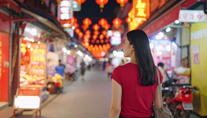 Night Stroll Woman Walking Down a Bustling Street in Asia with Lanterns