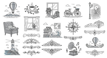 Collection of diverse illustrations including travel and home elements