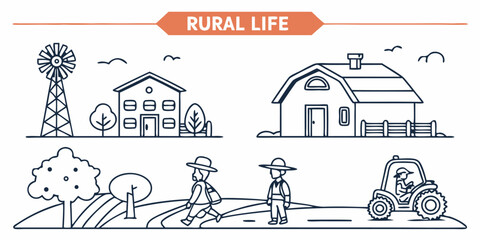 Collection of 40 minimal line icons representing rural life and agriculture