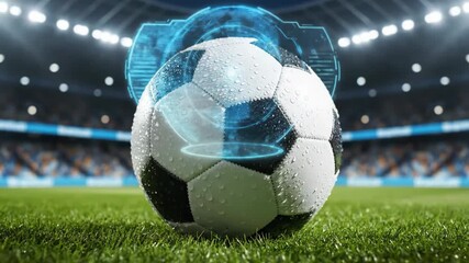 Close-Up of Soccer Ball with Futuristic Overlay in Stadium - A close-up video of a soccer ball covered in water droplets resting on a green field, with a digital, futuristic overlay surrounding it. - Powered by Adobe