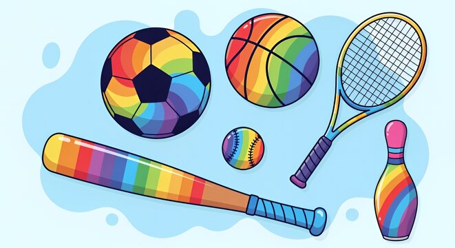 Rainbow Sports Equipment: A vibrant illustration of various sports items, each adorned with the colors of the rainbow, promoting inclusivity and diversity in sports.