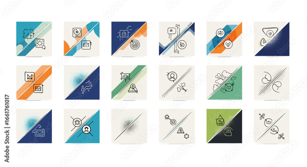 Poster display of multiple cards featuring abstract designs and color blocks