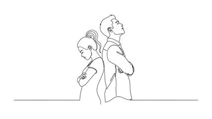 Silent Disagreement: A minimalist sketch portrays a man and woman in disagreement, standing back-to-back in a stark illustration of conflict and discord. 