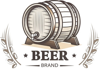 Vintage beer brand logo illustration with wooden barrel, tap, wheat ears, rustic brewery emblem design for traditional alcohol, pub, bar and craft beer identity