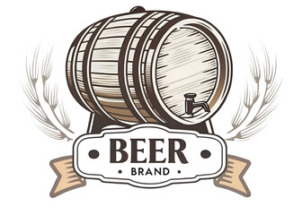 Vintage beer brand logo illustration with wooden barrel, tap, wheat ears, rustic brewery emblem design for traditional alcohol, pub, bar and craft beer identity