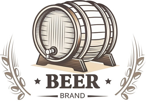 Vintage beer brand logo illustration with wooden barrel, tap, wheat ears, rustic brewery emblem design for traditional alcohol, pub, bar and craft beer identity