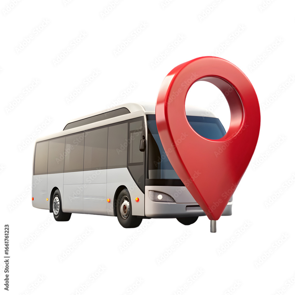 Poster bus with map pointer 3d rendering isolated on transparent background