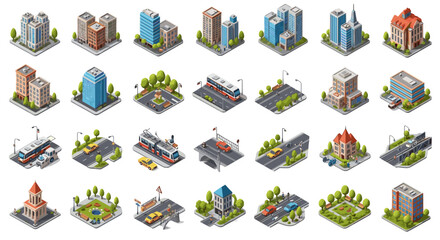 Isometric city landscape featuring buildings roads and transportation means