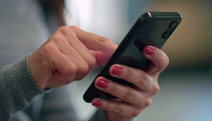 Close up of a person's hands using a smartphone with their finger scrolling on the screen