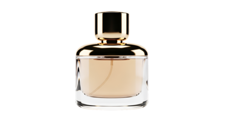 A stylish designer perfume bottle with golden cap and transparent glass, isolated on white.