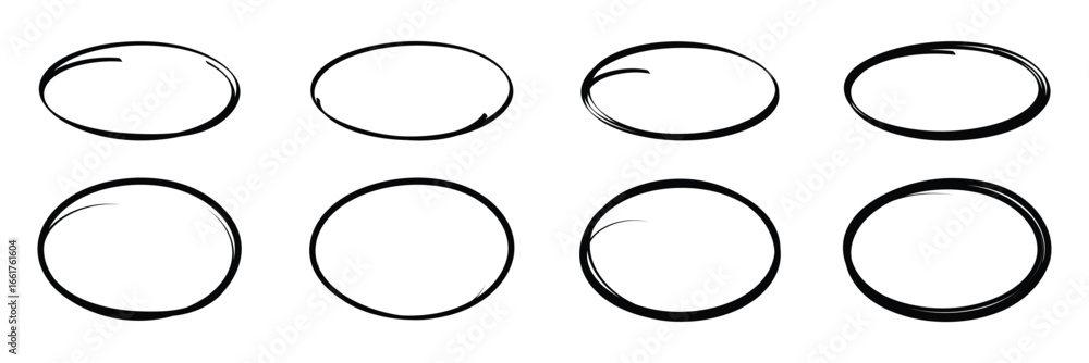 Poster hand drawn circle highlighter line sketch set. vector marker circular lines, doodle round circles fo