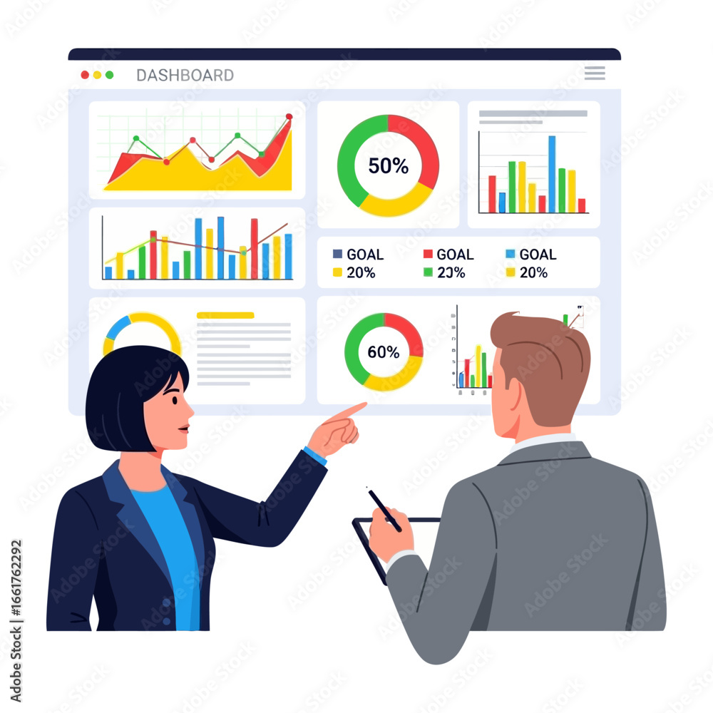 Poster data insight: a strategic business team is gathered around a vibrant dashboard, deeply engaged in in