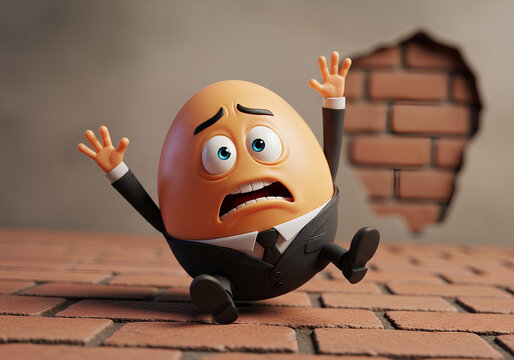 Humpty Dumpty Business Crash. Scared 3D egg businessman character falling from a wall. Metaphor for corporate crisis, financial risk, market failure, and accident. Humpty Dumpty business failure.