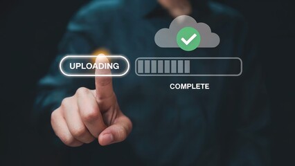 Seamless cloud upload completion with progress bar and checkmark signifies successful data transfer