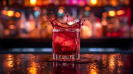 vibrant beverage splash captured mid-motion in nightlife setting with warm ambient glow