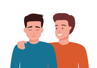 Friends are trying to help in friend's relationship crisis with psychological therapy talking. Concept of empathy and emotional feeling support with people problems. Flat cartoon vector illustration